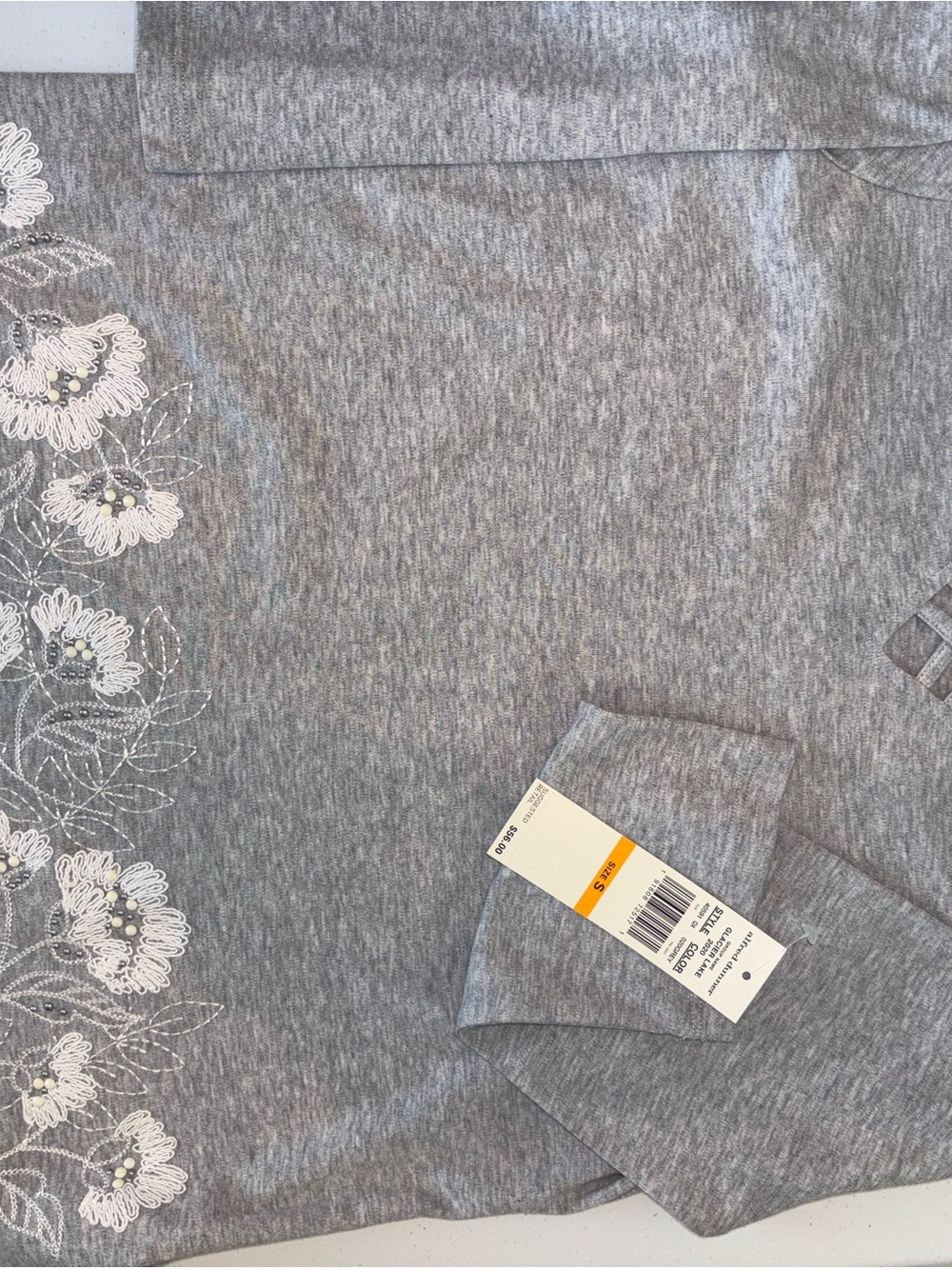 Alfred Dunner Grey Long Sleeve Top with White Floral Embroidery